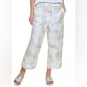 DKNY Printed Pull-On Wide Leg Cropped Pants Size L Large Linen Blend